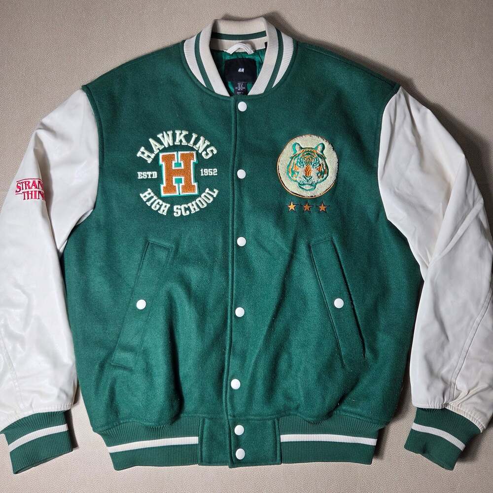 HM Stranger Things Hawkins High School Letterman Varsity Jacket Green Mens M